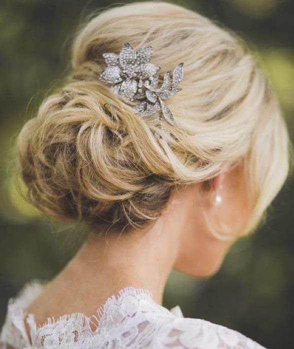 Messy Updo Bun Hairstyle With Flower Sparkly Hairclip